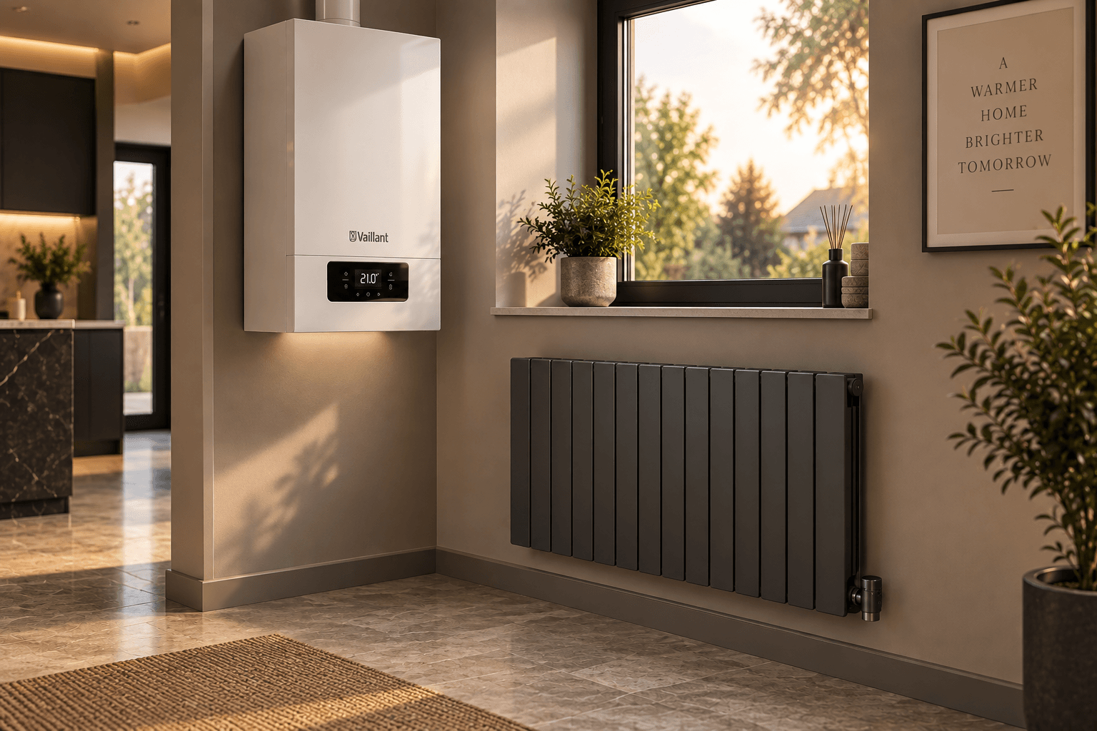 Wall-mounted boiler and dark radiator in a modern home