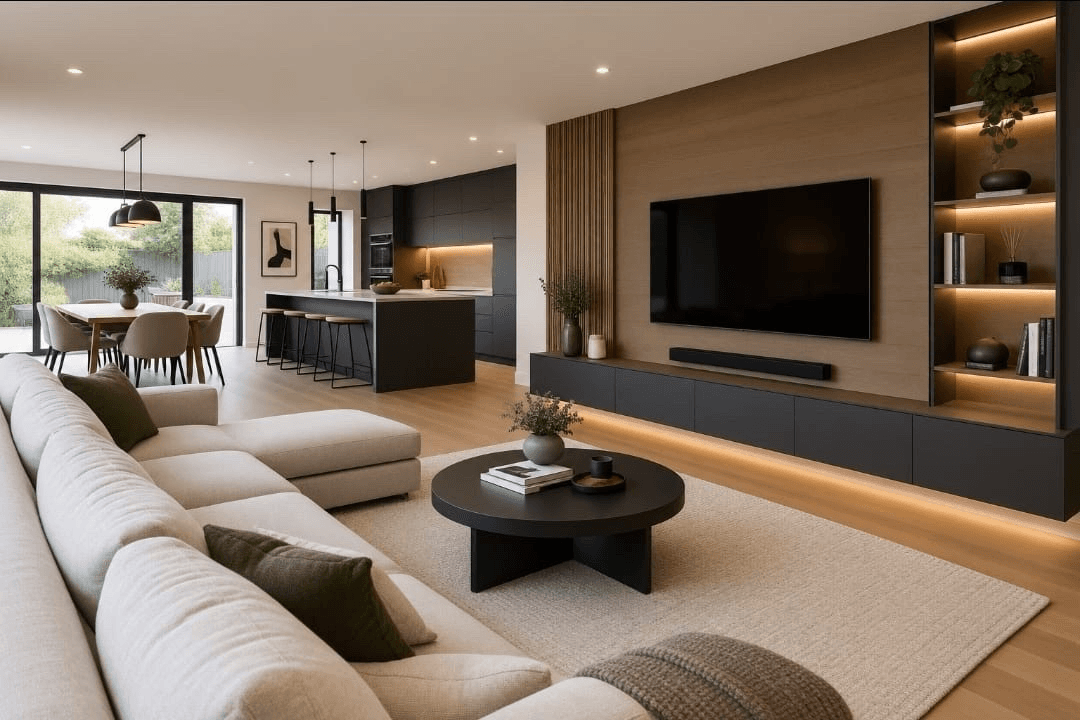 Modern open-plan home interior with a living room, kitchen and dining area