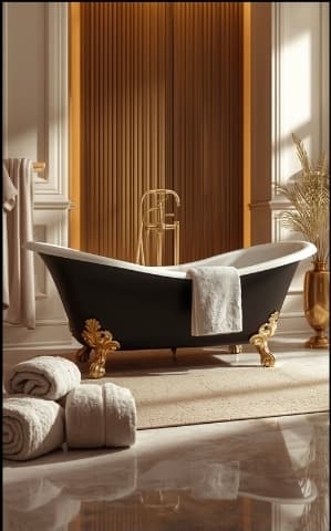Freestanding black bath with gold feet beside wood panelling
