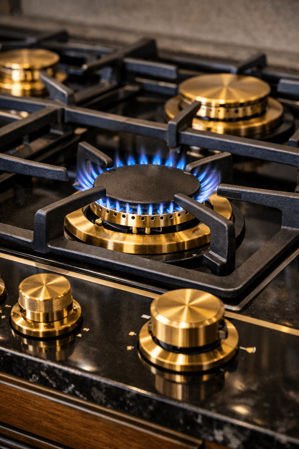 Kitchen gas hob with gold controls and a lit burner
