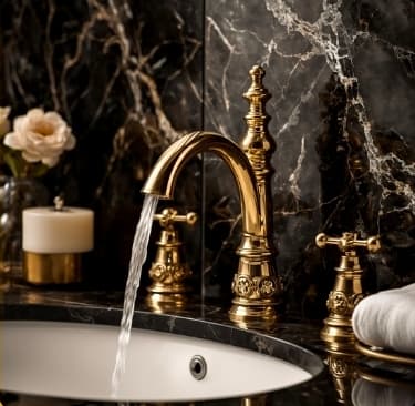 Gold taps above a basin with dark marble behind
